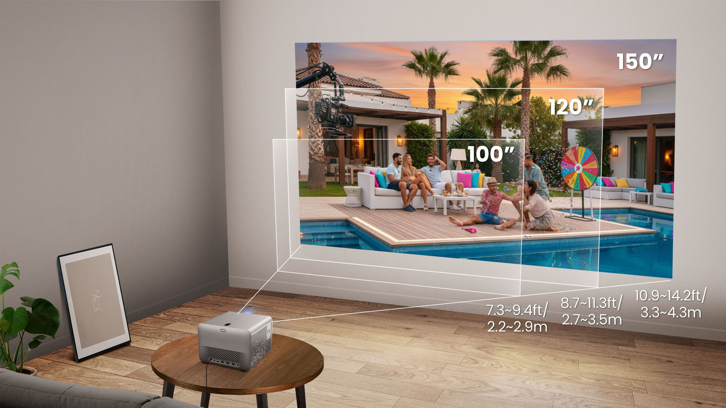 BenQ TK705i home entertainment projector showing 150" big screen projection at different distances with flexible setup options